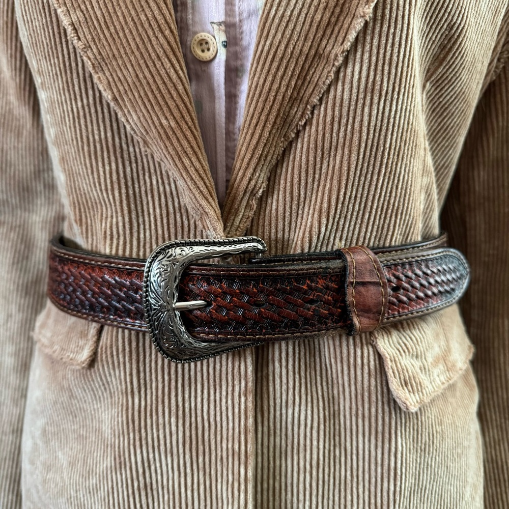 Woven Leather Western Belt in Dark Brown with Silver Buckle